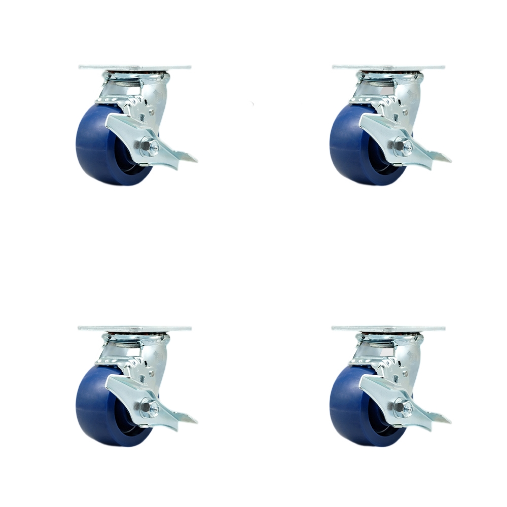 Stainless Steel Solid Polyurethane Swivel Top Plate Casters Set of 4 Heavy Duty with 4 Inch Wheels-Includes 2 Swivel with Brakes and Bolt on Swivel Locks and 2 Swivel with Brakes- Service Caster Brand — photo 1
