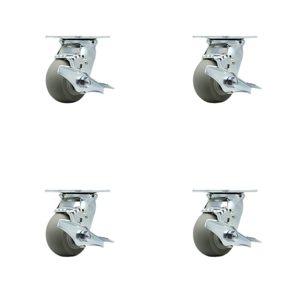 Stainless Steel Thermoplastic Rubber Donut Tread Swivel Top Plate Casters Set of 4 Heavy Duty with 4 Inch Wheels-Includes 4 Swivel with Top Lock Brakes–1,200 lbs. Total Capacity - Service Caster Brand — photo 1