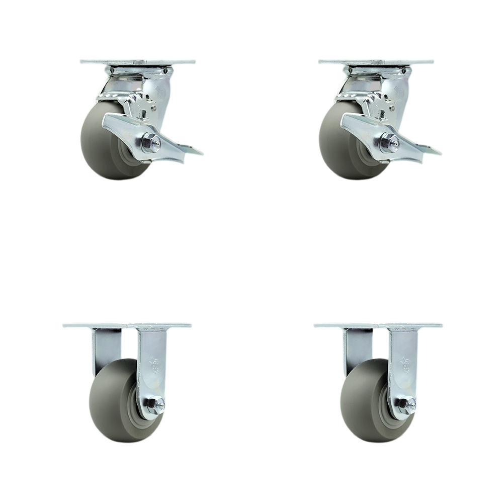 Stainless Steel Heavy Duty Swivel Caster Set of 4 with 4 Inch Thermoplastic Donut Tread Wheels and Ball Bearings-Includes 2 Swivel with Brakes and Bolt on Swivel Locks and 2 Rigid-Service Caster Brand — photo 1