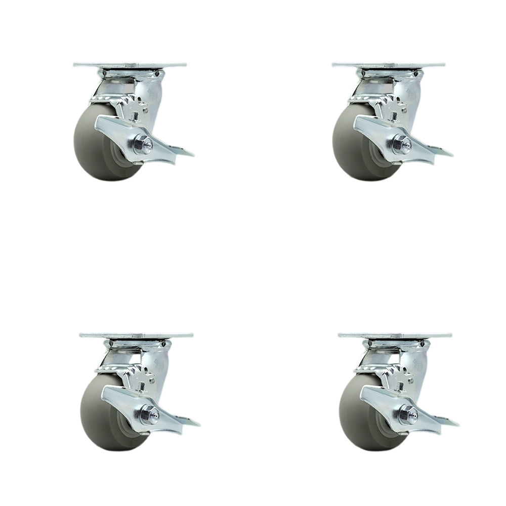 Stainless Steel Thermoplastic Rubber Donut Tread Swivel Top Plate Casters Set of 4 Heavy Duty with 4 Inch Wheels - Includes 4 Swivel with Top Lock Brakes and Bolt on Swivel Locks- Service Caster Brand — photo 1