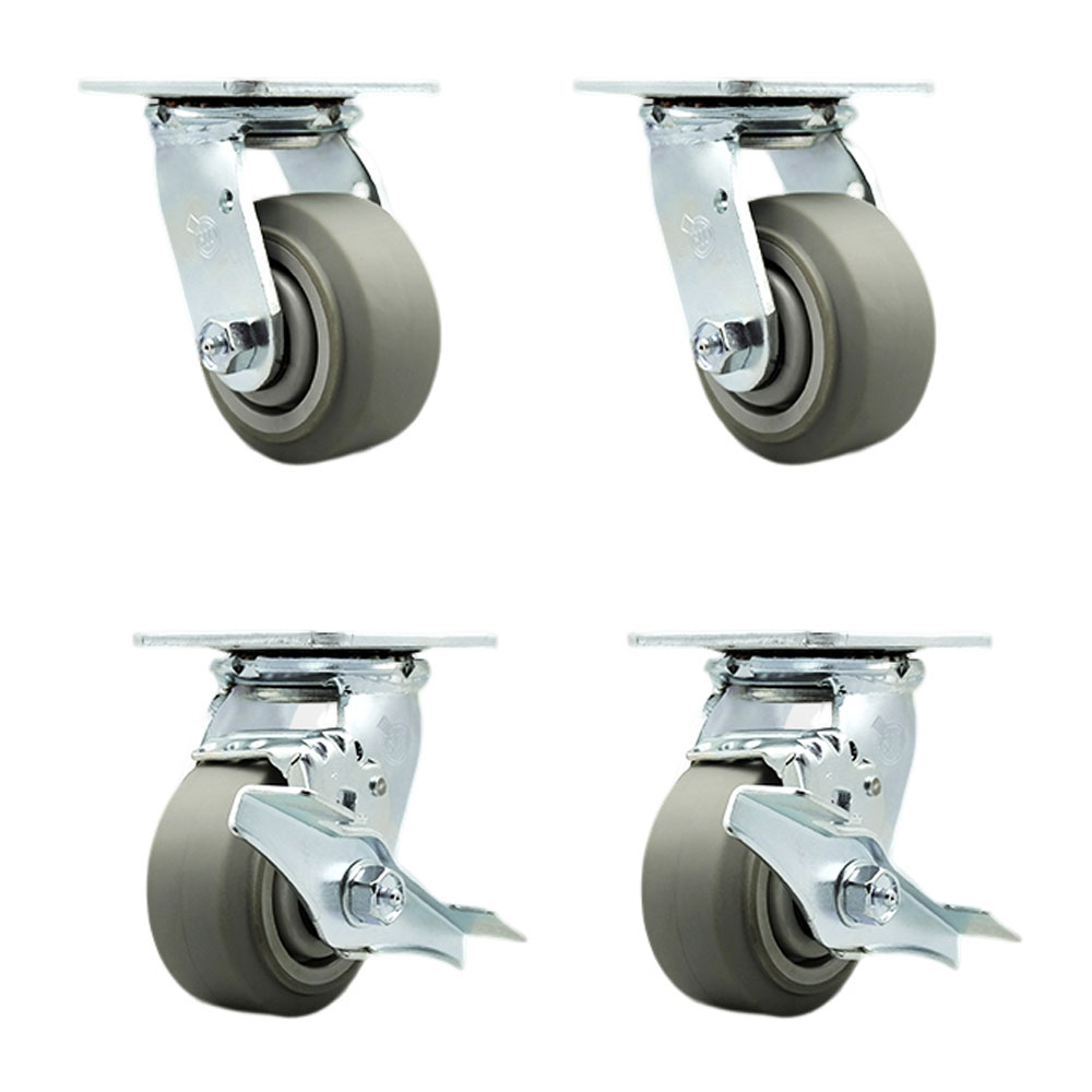 Stainless Steel Thermoplastic Rubber Flat Tread Swivel Top Plate Casters Set of 4 Heavy Duty with 4 Inch Wheels-Includes 2 Swivel with Brake and 2 Swivel–1,200lbs. Total Capacity- Service Caster Brand — photo 1