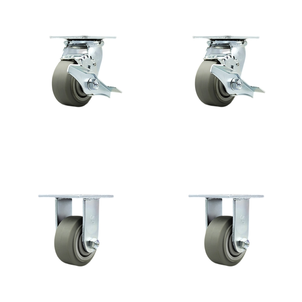 Stainless Steel Thermoplastic Rubber Flat Tread Swivel Top Plate Casters Set of 4 Heavy Duty with 4 Inch Wheels-Includes 2 Swivel with Brakes and 2 Rigid–1,200lbs. Total Capacity- Service Caster Brand — photo 1