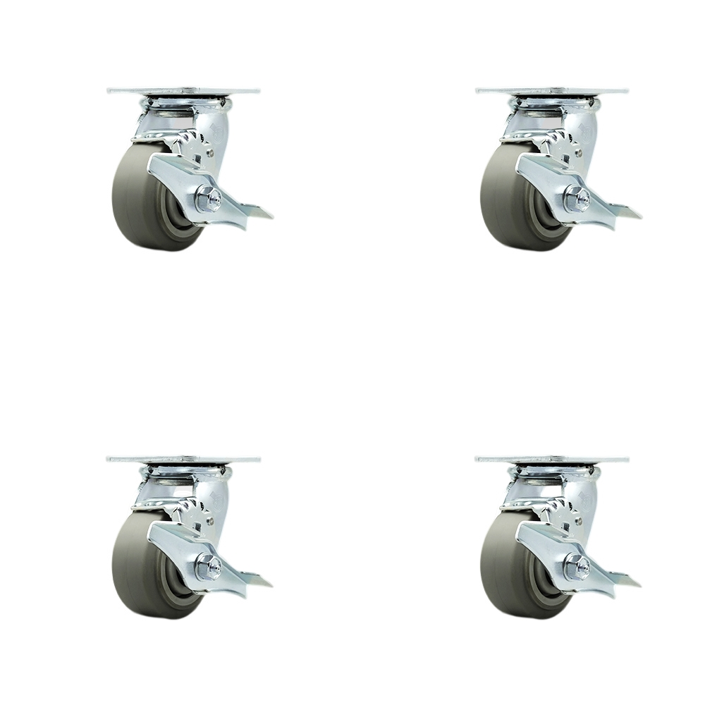 Stainless Steel Thermoplastic Rubber Flat Tread Swivel Top Plate Casters Set of 4 Heavy Duty with 4 Inch Wheels-Includes 4 Swivel with Top Lock Brakes– 1,200 lbs. Total Capacity - Service Caster Brand — photo 1