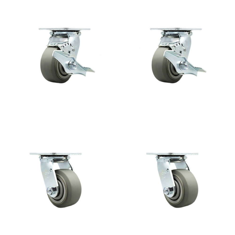 Stainless Heavy Duty Swivel Caster Set with 4 Inch Thermoplastic Rubber Flat Tread Wheel & Delrin Bearings - Include 2 Swivel w/Brake &Swivel Lock and 2 Swivel with Swivel Locks - Service Caster Brand — photo 1