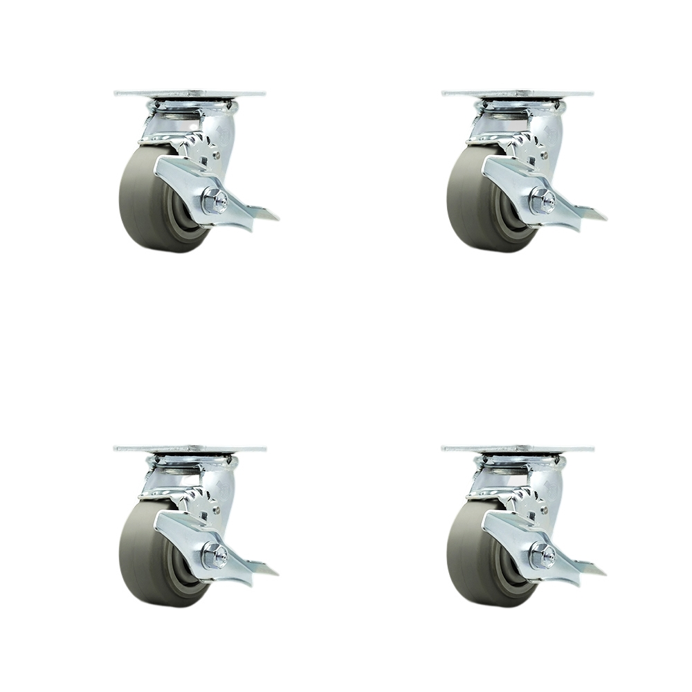 Stainless Heavy Duty Swivel Caster Set with 4 Inch Thermoplastic Rubber Flat Tread Wheels and Delrin Bearings-Includes 2 Swivel with Brakes& Swivel Locks and 2 Swivel with Brakes- Service Caster Brand — photo 1