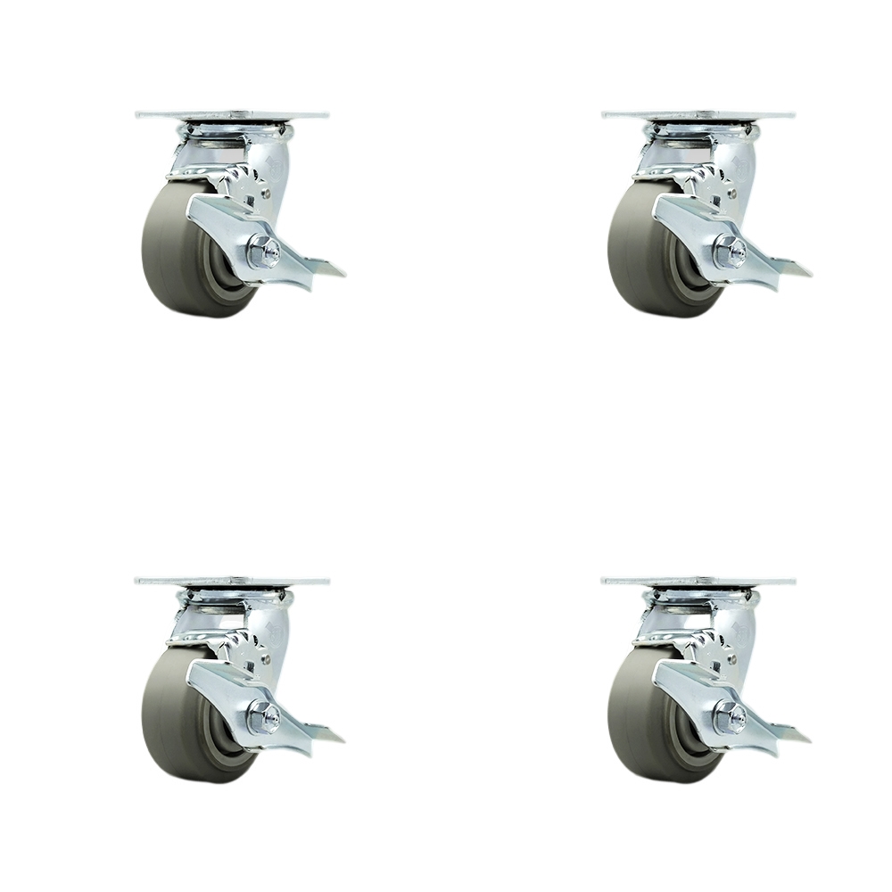 Stainless Steel Thermoplastic Rubber Flat Tread Swivel Top Plate Casters Set of 4 Heavy Duty with 4 Inch Wheels - Includes 4 Swivel with Top Lock Brakes and Bolt on Swivel Locks - Service Caster Brand — photo 1