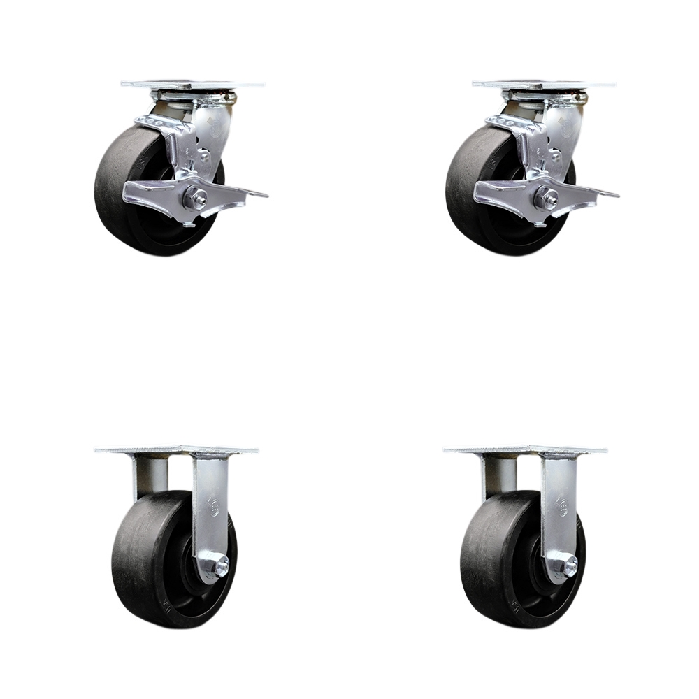 Stainless Steel Glass Filled Nylon Swivel Top Plate Casters Set of 4 Heavy Duty with 5 Inch Wheels - Includes 2 Swivel with Brakes and 2 Rigid – 5,000 lbs. Total Capacity - Service Caster Brand — photo 1
