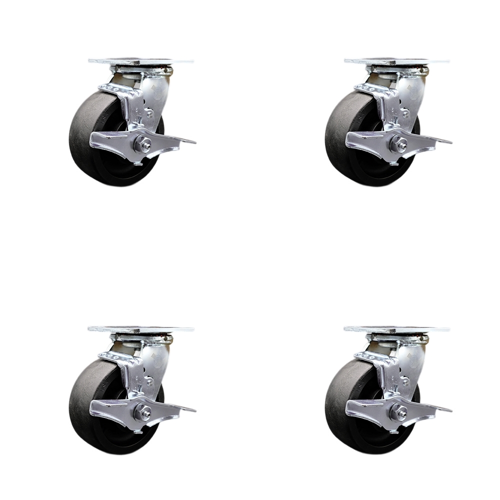 Stainless Steel Heavy Duty Swivel Caster Set of 4 with 5 Inch Glass Filled Nylon Wheels and Delrin Bearings - Includes 4 Swivel with Top Lock Brakes - Service Caster Brand — photo 1