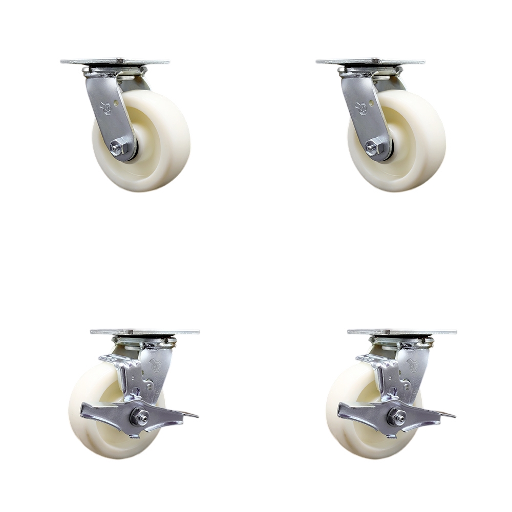 Stainless Steel Heavy Duty Swivel Caster Set of 4 with 5 Inch Nylon Wheels and Ball Bearings - Includes 2 Swivel with Brakes and 2 Swivel - 3,600 lbs. Total Capacity - Service Caster Brand — photo 1