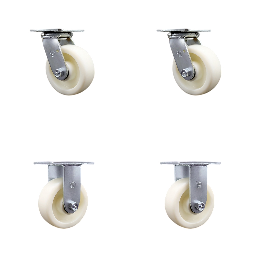 Stainless Steel Heavy Duty Swivel Caster Set of 4 with 5 Inch Nylon Wheels and Ball Bearings - Includes 2 Swivel with Bolt on Swivel Lock and 2 Rigid - 3,600lbs. Total Capacity - Service Caster Brand — photo 1