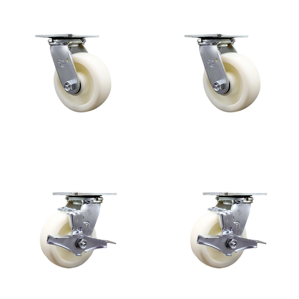 Stainless Steel Heavy Duty Swivel Caster Set of 4 with 5 Inch Nylon Wheels and Ball Bearings - Includes 2 Swivel with Bolt on Swivel Locks and 2 Swivel with Brakes - Service Caster Brand — photo 1