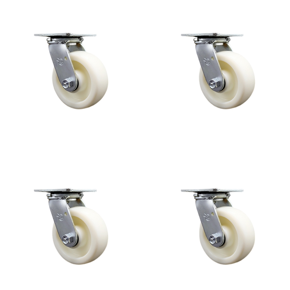 Stainless Steel Heavy Duty Swivel Caster Set of 4 with 5 Inch Nylon Wheels and Ball Bearings - Includes 4 Swivel with Bolt on Swivel Locks - 3,600 lbs. Total Capacity - Service Caster Brand — photo 1