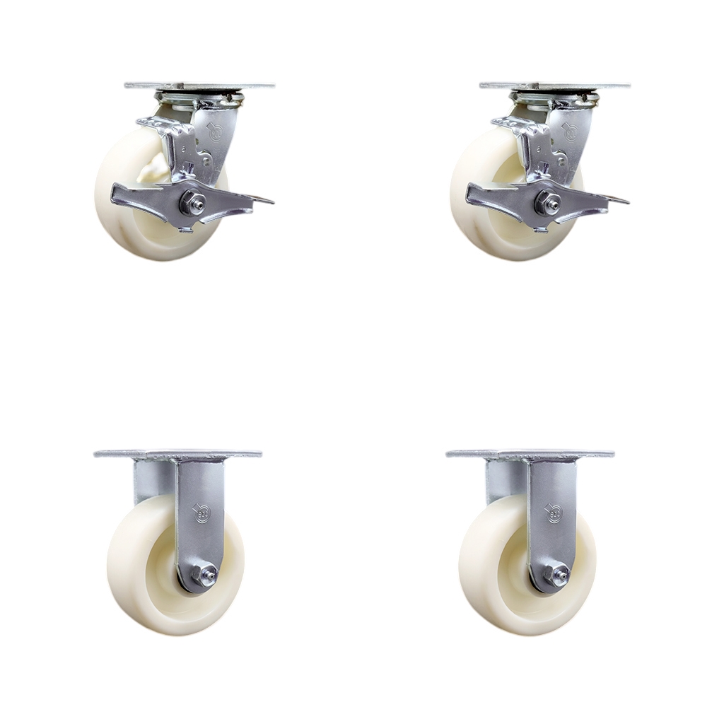 Stainless Steel Heavy Duty Swivel Caster Set of 4 with 5 Inch Nylon Wheels and Ball Bearings - Includes 2 Swivel with Brakes and 2 Rigid - 3,600 lbs. Total Capacity - Service Caster Brand — photo 1