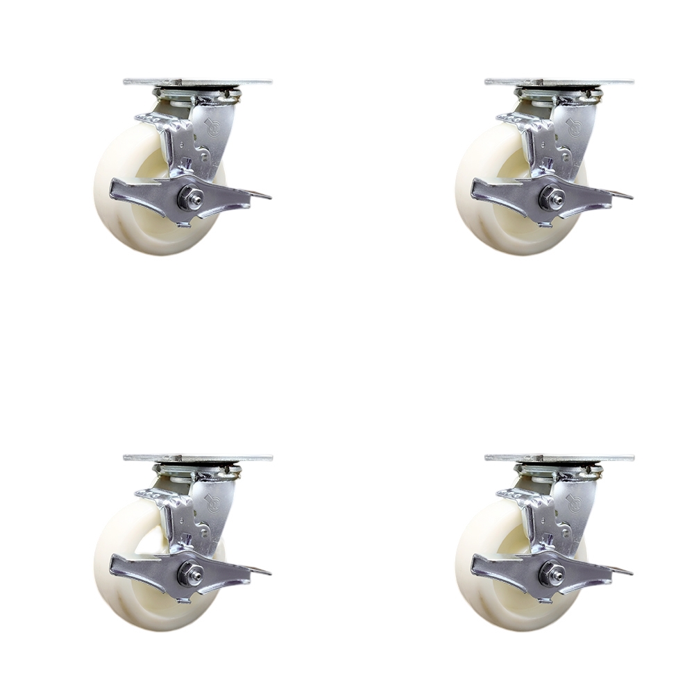 Stainless Steel Heavy Duty Swivel Caster Set of 4 with 5 Inch Nylon Wheels and Delrin Bearings - Includes 4 Swivel with Top Lock Brakes - 3,600 lbs. Total Capacity - Service Caster Brand — photo 1