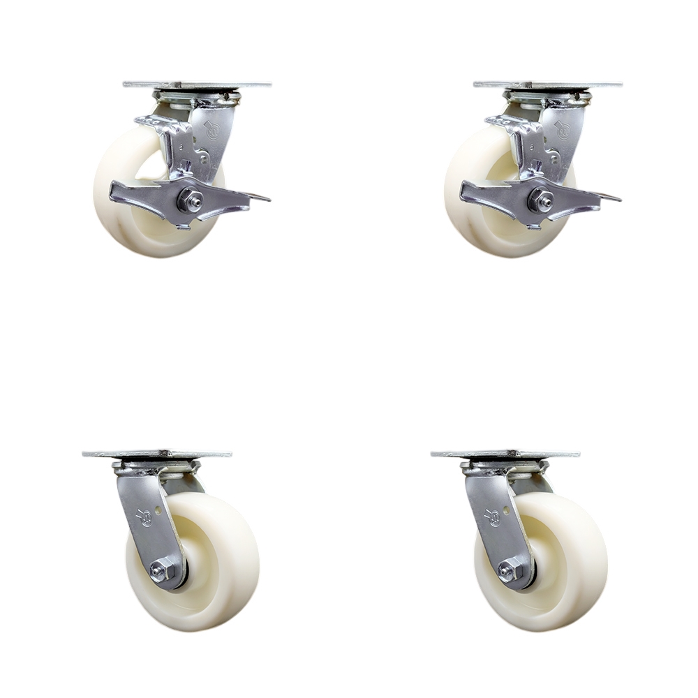 Stainless Steel Heavy Duty Swivel Caster Set 4 with 5 Inch Poly Wheel and Ball Bearing-Includes 2 Swivel with Brake and Bolt on Swivel Lock and 2 Swivel with Bolt on Swivel Lock - Service Caster Brand — photo 1