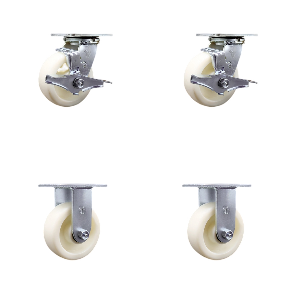 Stainless Steel Nylon Swivel Top Plate Casters Set of 4 Heavy Duty with 5 Inch Wheels - Includes 2 Swivel with Brakes and Bolt on Swivel Locks and 2 Rigid - Service Caster Brand — photo 1