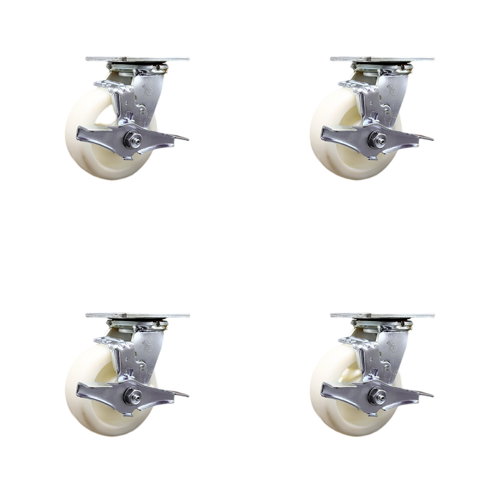 Stainless Steel Heavy Duty Swivel Caster Set with 5 Inch Nylon Wheels and Delrin Bearings - Includes 2 Swivel with Brakes and Bolt on Swivel Locks and 2 Swivel with Brakes - Service Caster Brand — photo 1