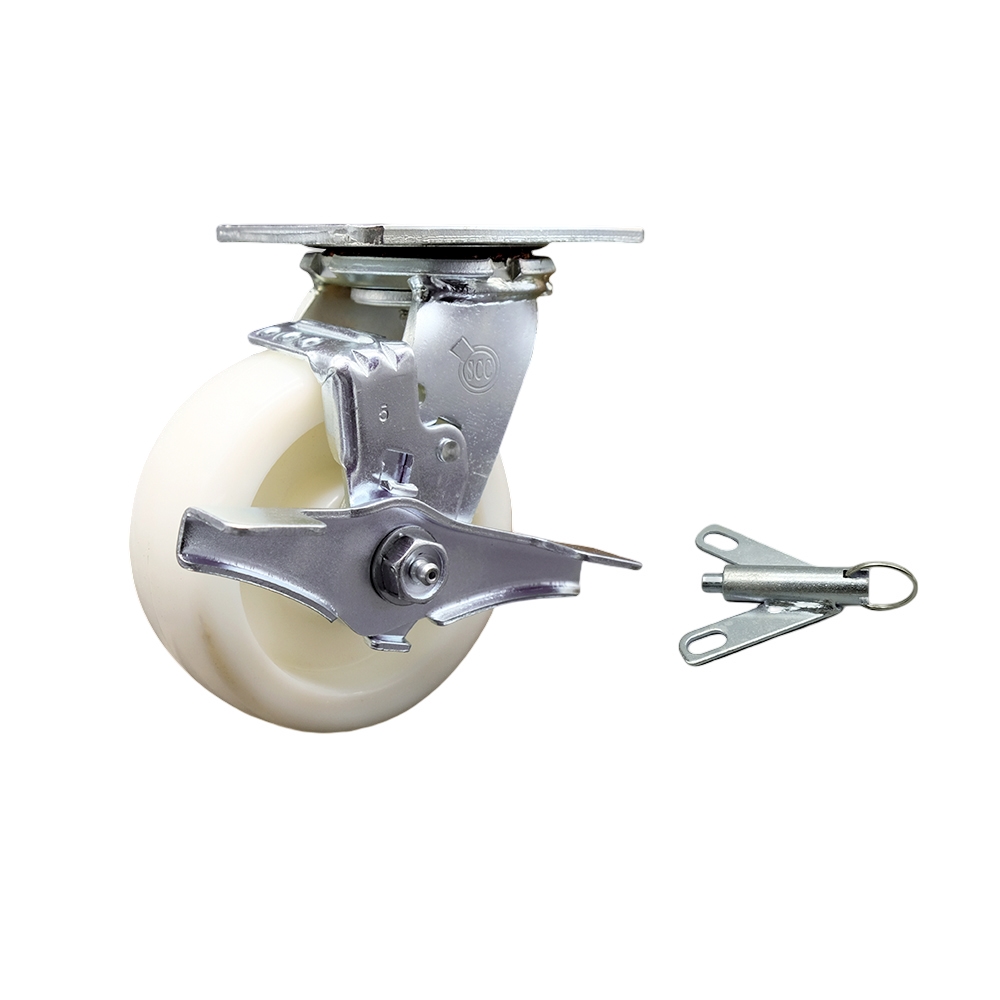Stainless Steel Heavy Duty Swivel Top Plate Caster with Top Lock Brake and Bolt on Swivel Lock and 5 Inch Nylon Wheel with Delrin Bearings - 900 lbs. Capacity/Caster - Service Caster Brand — photo 1