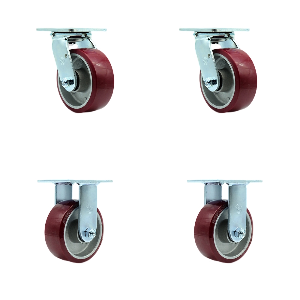 Stainless Steel Polyurethane on Aluminum Swivel Top Plate Casters Set of 4 Heavy Duty with 5 Inch Wheels - Includes 2 Swivel and 2 Rigid – 3,600 lbs. Total Capacity - Service Caster Brand — photo 1