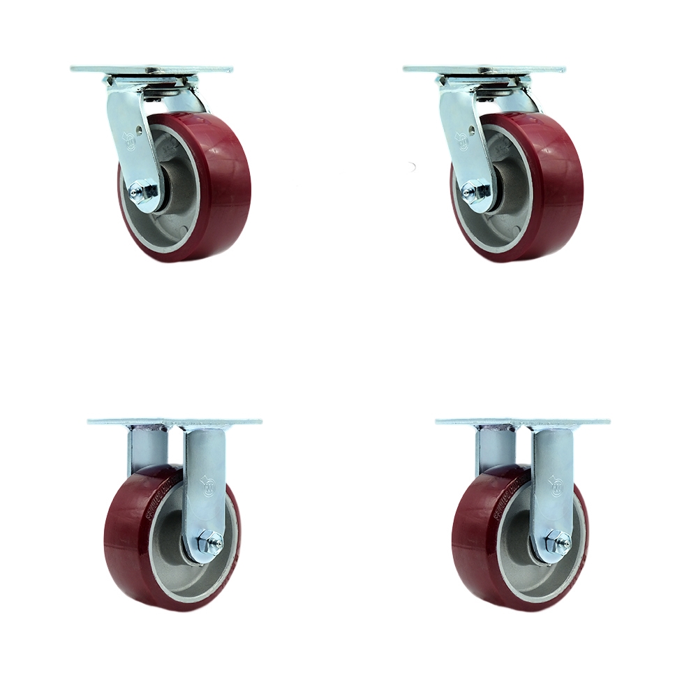 Stainless Steel Polyurethane on Aluminum Swivel Top Plate Casters Set of 4 Heavy Duty with 5 Inch Wheels - Includes 2 Swivel with Bolt on Swivel Locks and 2 Rigid - Service Caster Brand — photo 1