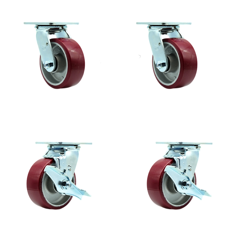 Stainless Steel Heavy Duty Swivel Caster Set with 5 Inch Polyurethane on Aluminum Wheels and Ball Bearings - Includes 2 Swivel with Bolt on Swivel Locks and 2 Swivel with Brakes - Service Caster Brand — photo 1