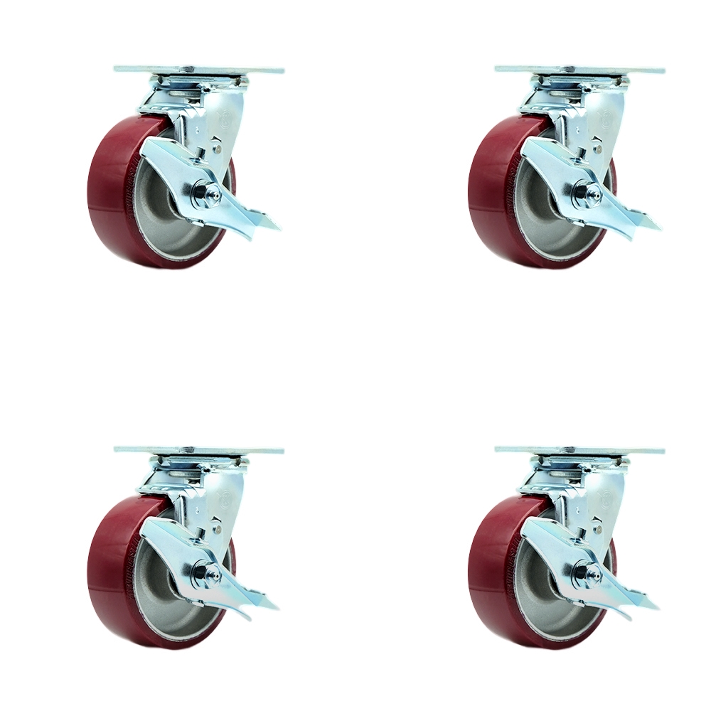 Stainless Steel Polyurethane on Aluminum Swivel Top Plate Casters Set of 4 Heavy Duty with 5 Inch Wheels - Includes 4 Swivel with Top Lock Brakes – 3,600 lbs. Total Capacity - Service Caster Brand — photo 1