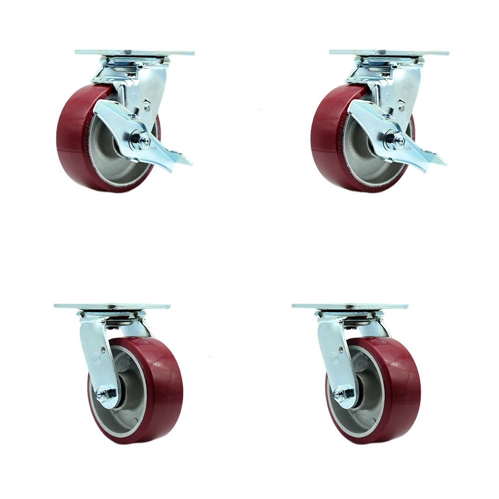 Stainless Heavy Duty Swivel Caster Set with 5 Inch Poly on Aluminum Wheel & Ball Bearing-Include 2 Swivel with Brake and Bolt on Swivel Lock and 2 Swivel with Bolt on Swivel Lock- Service Caster Brand — photo 1