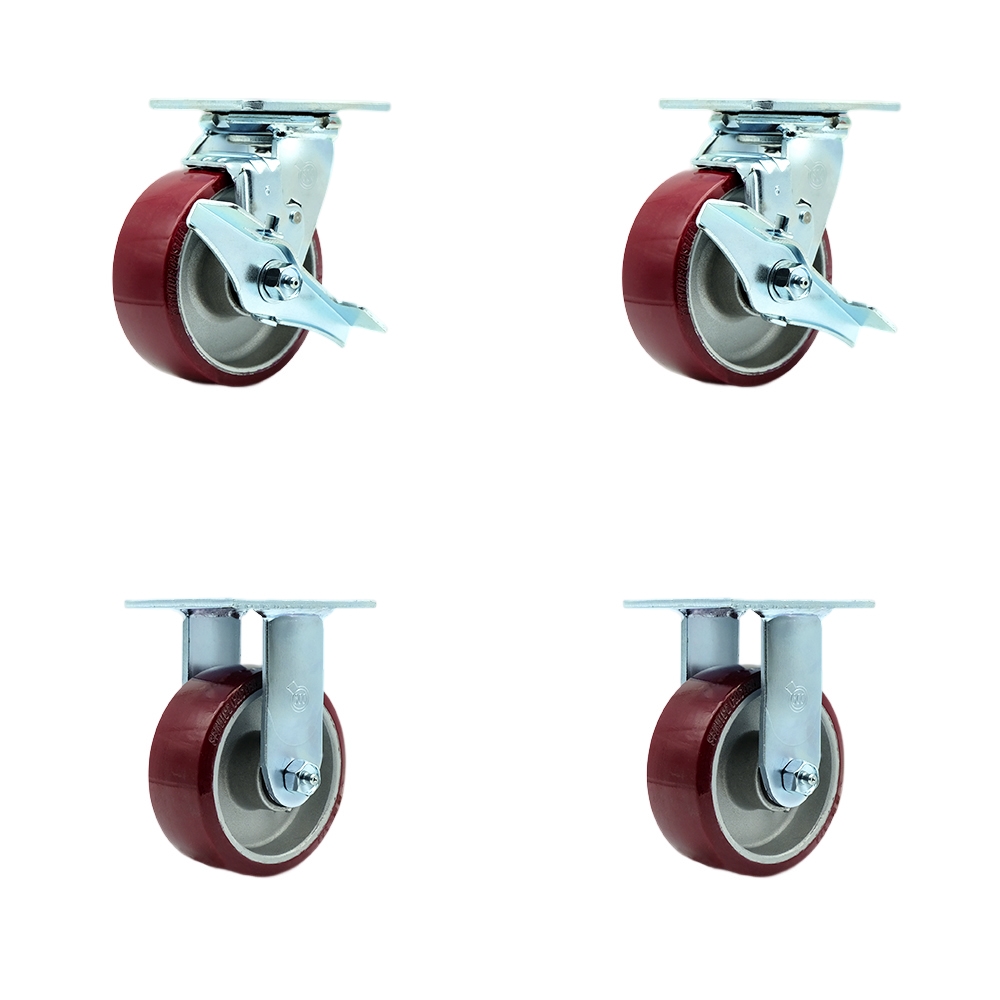 Stainless Steel Heavy Duty Swivel Caster Set with 5 Inch Polyurethane on Aluminum Wheels and Delrin Bearings - Includes 2 Swivel with Brakes and Bolt on Swivel Locks and 2 Rigid - Service Caster Brand — photo 1