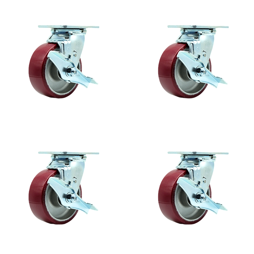 Stainless Steel Heavy Duty Swivel Caster Set with 5 Inch Poly on Aluminum Wheels and Delrin Bearing- Includes 2 Swivel with Brakes and Bolt on Swivel Locks and 2 Swivel with Brake-Service Caster Brand — photo 1