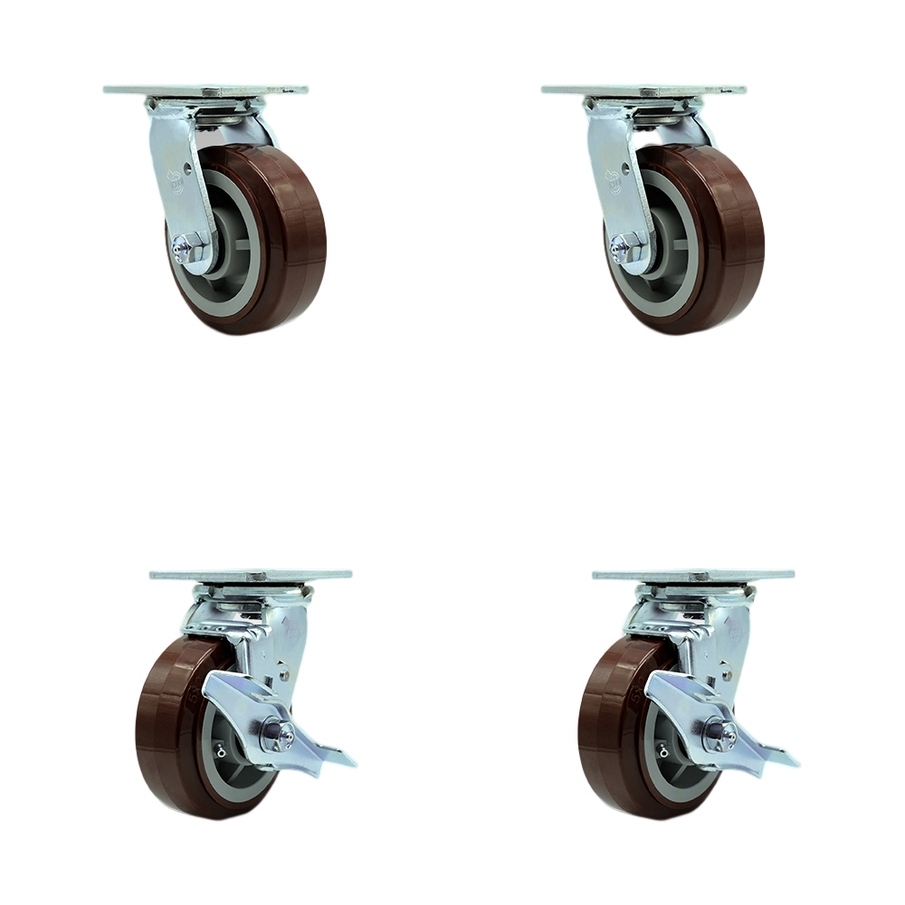 Stainless Steel Polyurethane Swivel Top Plate Casters Set of 4 Heavy Duty with 5 Inch Wheels - Includes 2 Swivel with Brakes and 2 Swivel – 3,000 lbs. Total Capacity - Service Caster Brand — photo 1