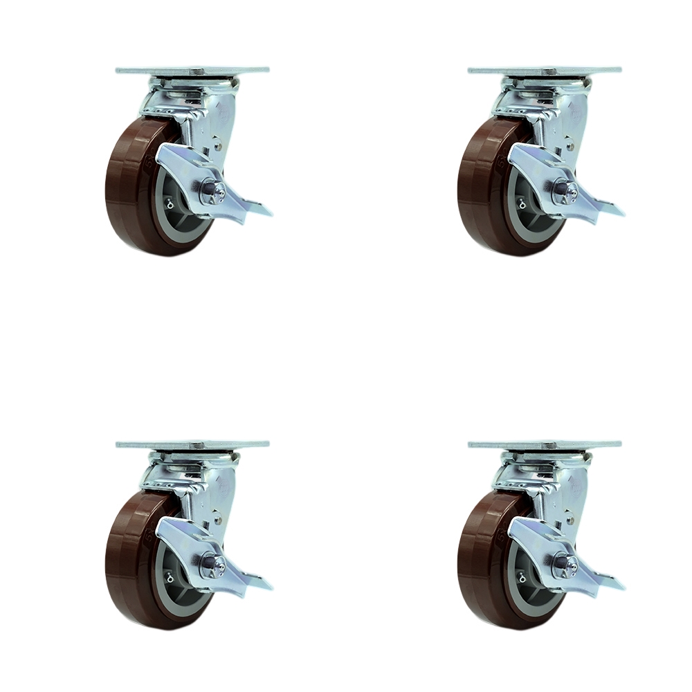 Stainless Steel Polyurethane Swivel Top Plate Casters Set of 4 Heavy Duty with 5 Inch Wheels - Includes 4 Swivel with Top Lock Brakes – 3,000 lbs. Total Capacity - Service Caster Brand — photo 1