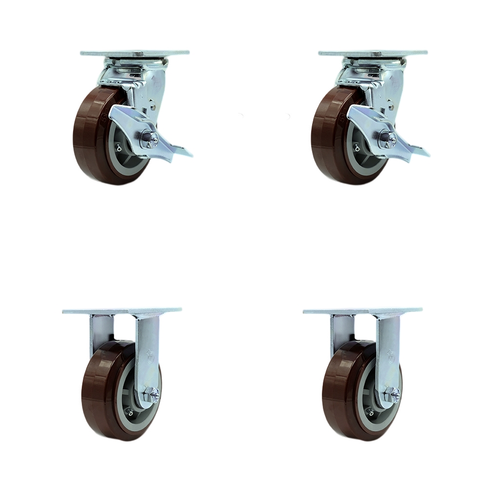 Stainless Steel Heavy Duty Swivel Caster Set with 5 Inch Polyurethane Wheels and Delrin Bearings - Includes 2 Swivel with Brakes and Bolt on Swivel Locks and 2 Rigid - Service Caster Brand — photo 1