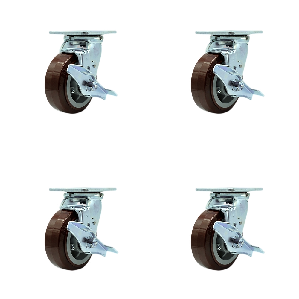Stainless Steel Polyurethane Swivel Top Plate Casters Set of 4 Heavy Duty with 5 Inch Wheels - Includes 2 Swivel with Brakes and Bolt on Swivel Locks and 2 Swivel with Brakes - Service Caster Brand — photo 1