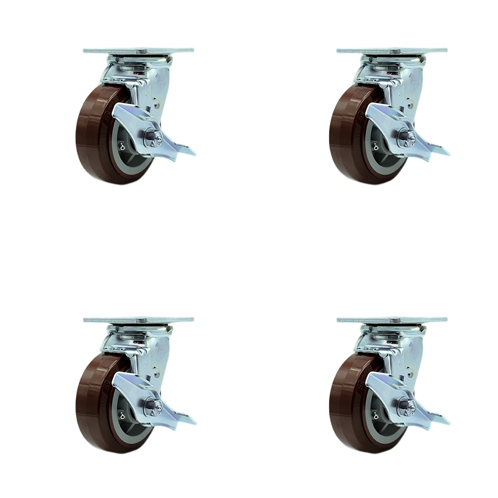Stainless Steel Polyurethane Swivel Top Plate Casters Set of 4 Heavy Duty with 5 Inch Wheels - Includes 4 Swivel with Top Lock Brakes and Bolt on Swivel Locks - Service Caster Brand — photo 1