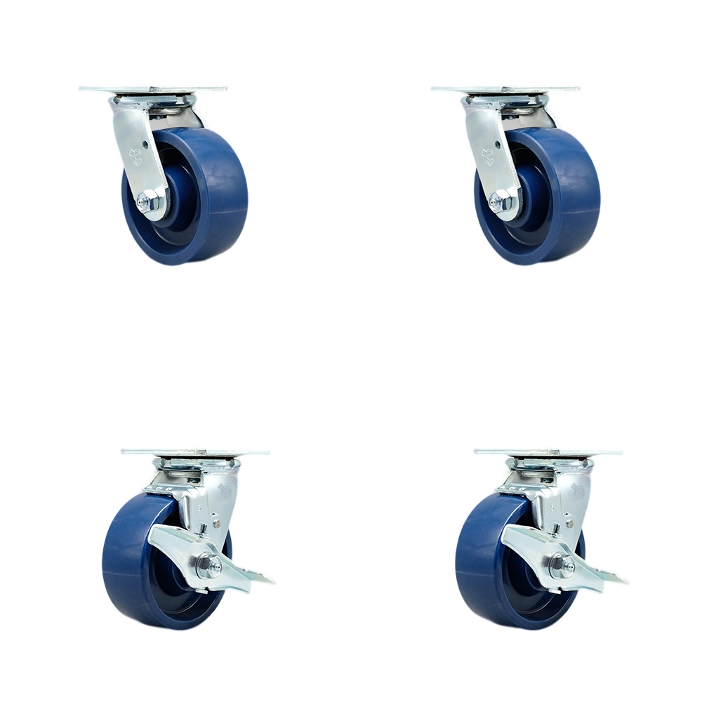 Stainless Steel Solid Polyurethane Swivel Top Plate Casters Set of 4 Heavy Duty with 5 Inch Wheels - Includes 2 Swivel with Brakes and 2 Swivel – 4,000 lbs. Total Capacity - Service Caster Brand — photo 1