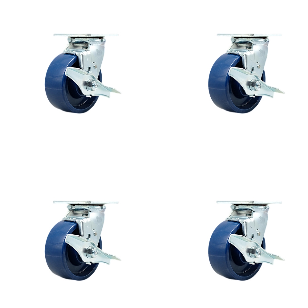 Stainless Steel Heavy Duty Swivel Caster Set of 4 with 5 Inch Solid Polyurethane Wheels and Delrin Bearings -Includes 4 Swivel with Top Lock Brakes - 4,000 lbs. Total Capacity - Service Caster Brand — photo 1