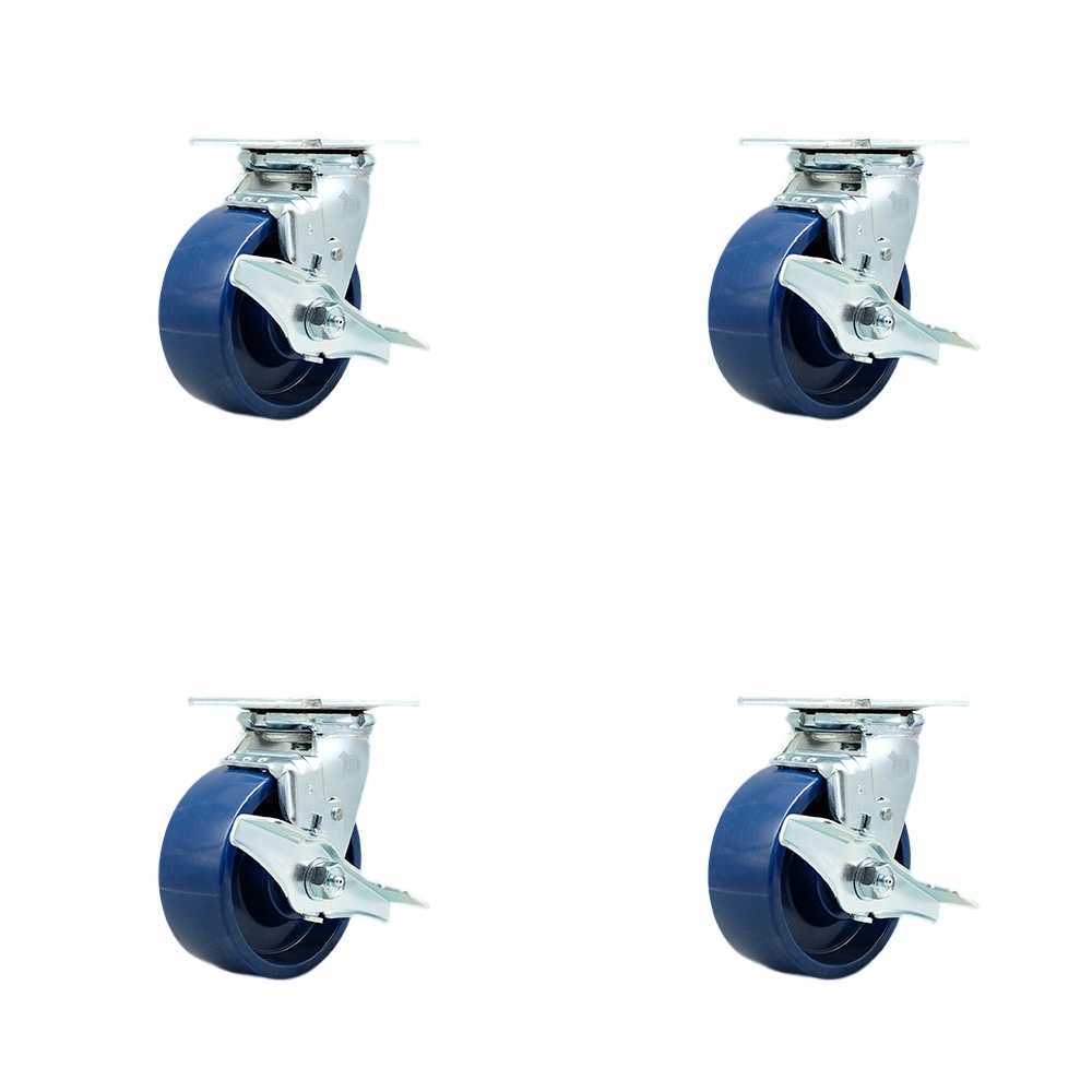 Stainless Steel Solid Polyurethane Swivel Top Plate Casters Set of 4 Heavy Duty with 5 Inch Wheels-Includes 2 Swivel with Brakes and Bolt on Swivel Locks and 2 Swivel with Brakes- Service Caster Brand — photo 1