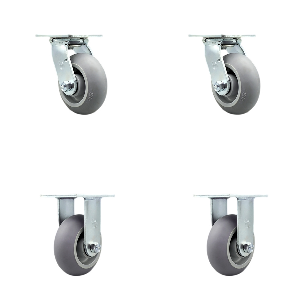 Stainless Steel Thermoplastic Rubber Donut Tread Swivel Top Plate Casters Set of 4 Heavy Duty with 5 Inch Wheels - Includes 2 Swivel and 2 Rigid – 1,400 lbs. Total Capacity - Service Caster Brand — photo 1