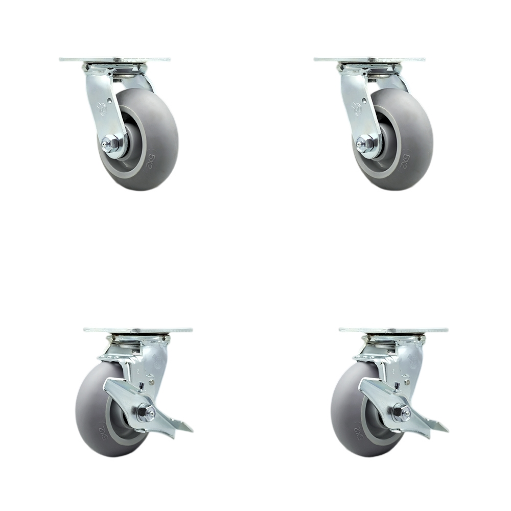 Stainless Steel Thermoplastic Rubber Donut Tread Swivel Top Plate Casters Set of 4 Heavy Duty with 5 Inch Wheels-Includes 2 Swivel with Brake and 2 Swivel–1,400lbs. Total Capacity-Service Caster Brand — photo 1