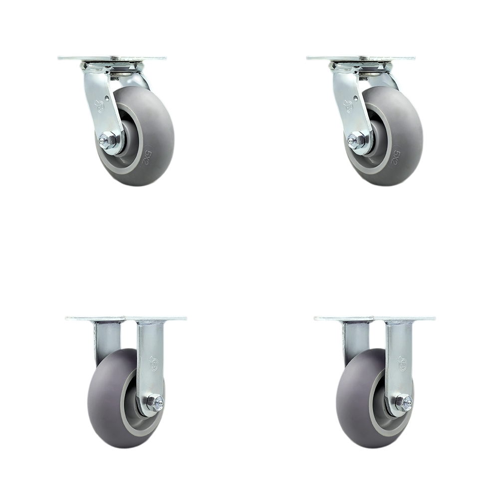 Stainless Steel Thermoplastic Rubber Donut Tread Swivel Top Plate Casters Set of 4 Heavy Duty with 5 Inch Wheels - Includes 2 Swivel with Bolt on Swivel Locks and 2 Rigid - Service Caster Brand — photo 1