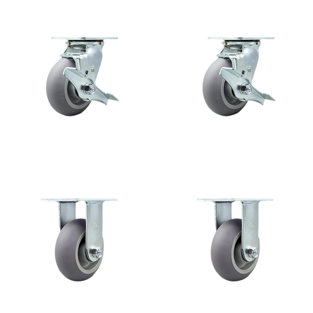 Stainless Steel Thermoplastic Rubber Donut Tread Swivel Top Plate Casters Set of 4 Heavy Duty with 5 Inch Wheels-Includes 2 Swivel with Brakes and 2 Rigid–1,400lbs. Total Capacity-Service Caster Brand — photo 1