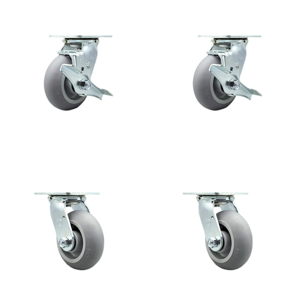 Stainless Heavy Duty Swivel Caster Set with 5 Inch Thermoplastic Rubber Donut Tread Wheel & Delrin Bearings - Include 2 Swivel w/Brake &Swivel Lock and 2 Swivel with Swivel Lock - Service Caster Brand — photo 1
