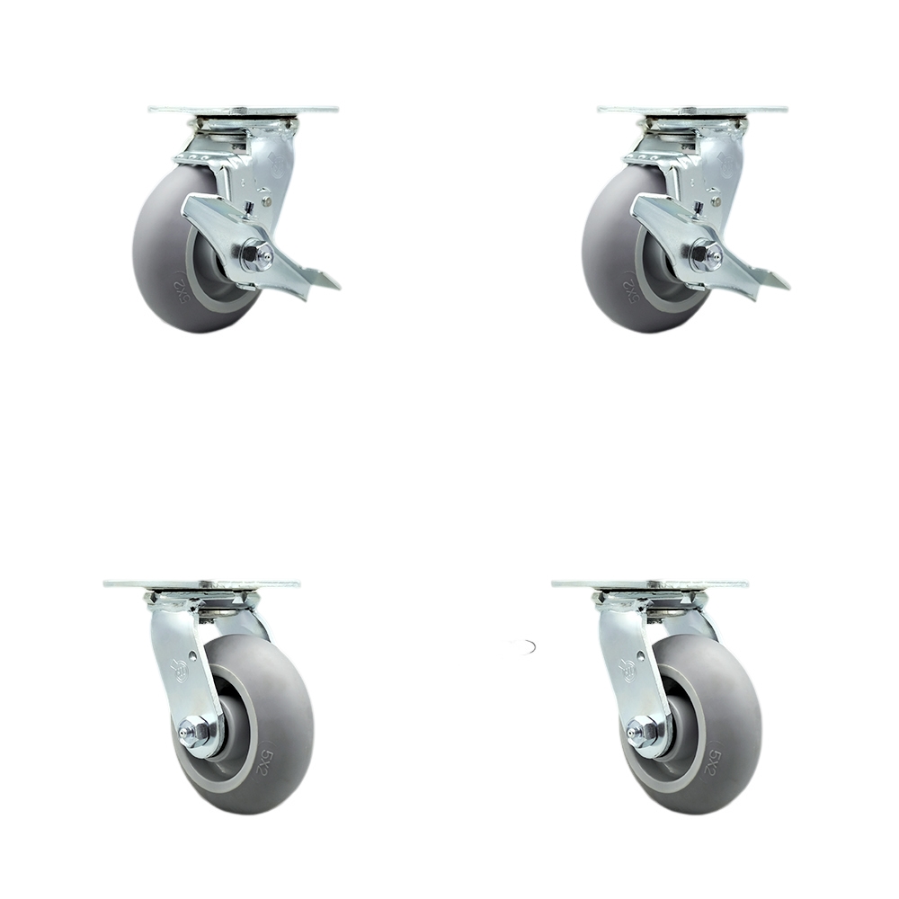Stainless Steel Heavy Duty Swivel Caster Set 4 with 5 Inch Poly Wheel and Ball Bearing-Includes 2 Swivel with Brake and Bolt on Swivel Lock and 2 Swivel with Bolt on Swivel Lock - Service Caster Brand — photo 1