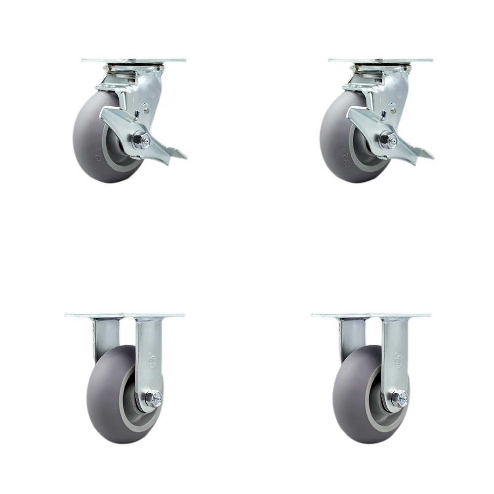 Stainless Steel Heavy Duty Swivel Caster Set of 4 with 5 Inch Thermoplastic Donut Tread Wheels and Ball Bearings-Includes 2 Swivel with Brakes and Bolt on Swivel Locks and 2 Rigid-Service Caster Brand — photo 1