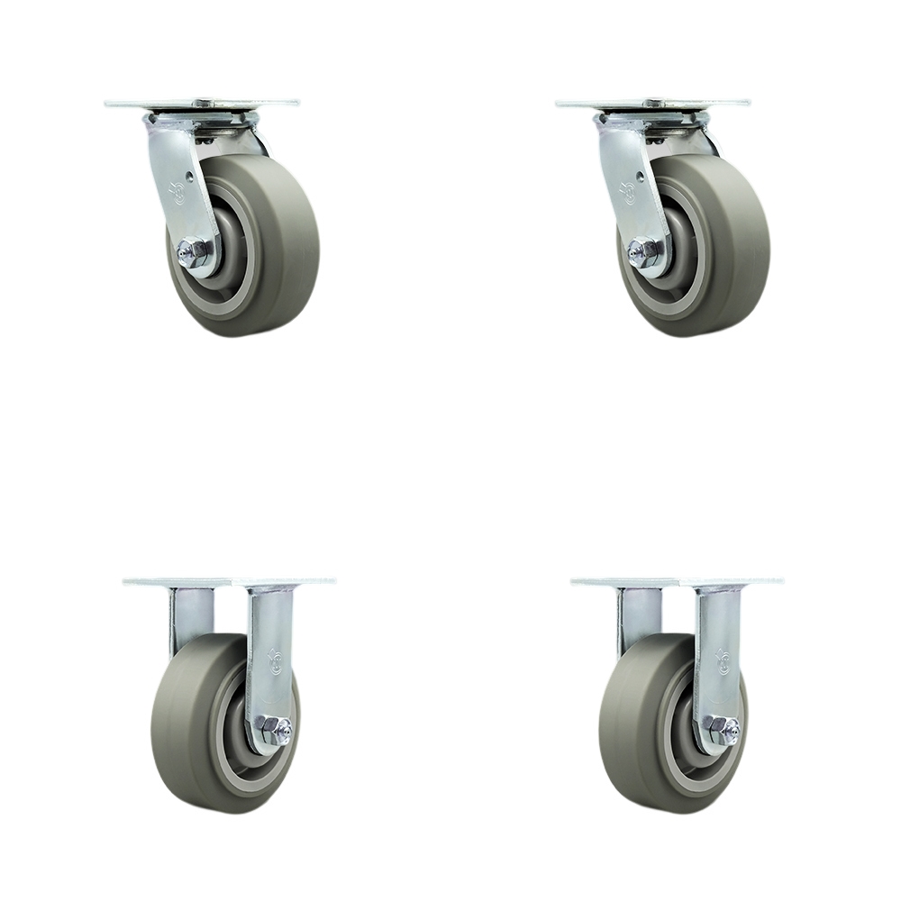 Stainless Steel Thermoplastic Rubber Flat Tread Swivel Top Plate Casters Set of 4 Heavy Duty with 5 Inch Wheels - Includes 2 Swivel and 2 Rigid – 1,400 lbs. Total Capacity - Service Caster Brand — photo 1
