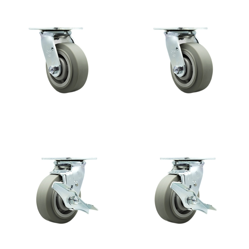 Stainless Steel Thermoplastic Rubber Flat Tread Swivel Top Plate Casters Set of 4 Heavy Duty with 5 Inch Wheels-Includes 2 Swivel with Brake and 2 Swivel–1,400lbs. Total Capacity- Service Caster Brand — photo 1