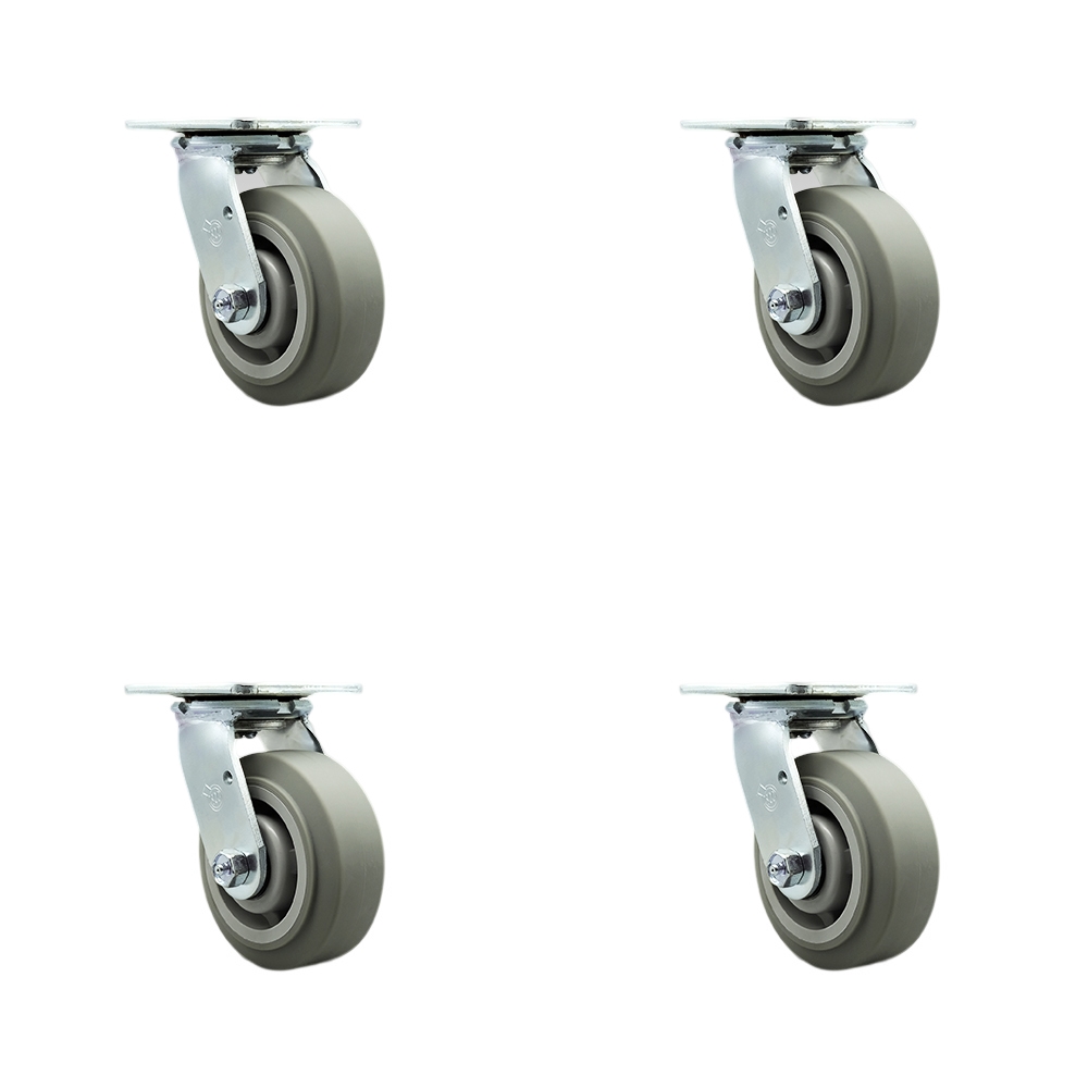 Stainless Steel Thermoplastic Rubber Flat Tread Swivel Top Plate Casters Set of 4 Heavy Duty with 5 Inch Wheels - Includes 4 Swivel – 1,400 lbs. Total Capacity - Service Caster Brand — photo 1