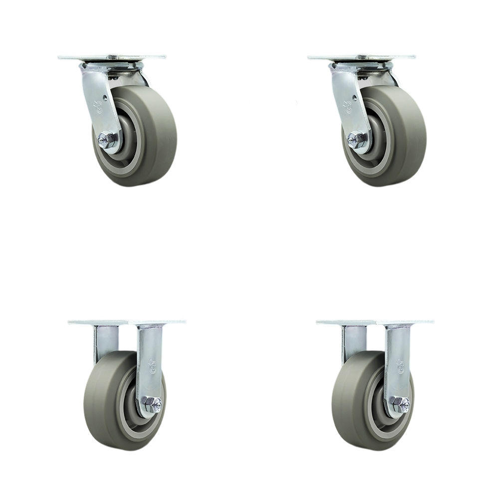 Stainless Steel Thermoplastic Rubber Flat Tread Swivel Top Plate Casters Set of 4 Heavy Duty with 5 Inch Wheels - Includes 2 Swivel with Bolt on Swivel Locks and 2 Rigid - Service Caster Brand — photo 1