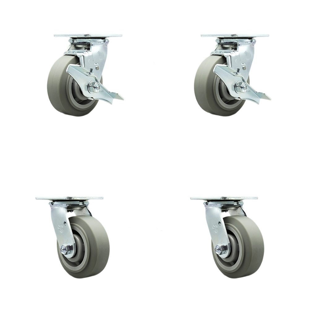 Stainless Steel Heavy Duty Swivel Caster Set 4 with 5 Inch Poly Wheel and Ball Bearing-Includes 2 Swivel with Brake and Bolt on Swivel Lock and 2 Swivel with Bolt on Swivel Lock - Service Caster Brand — photo 1