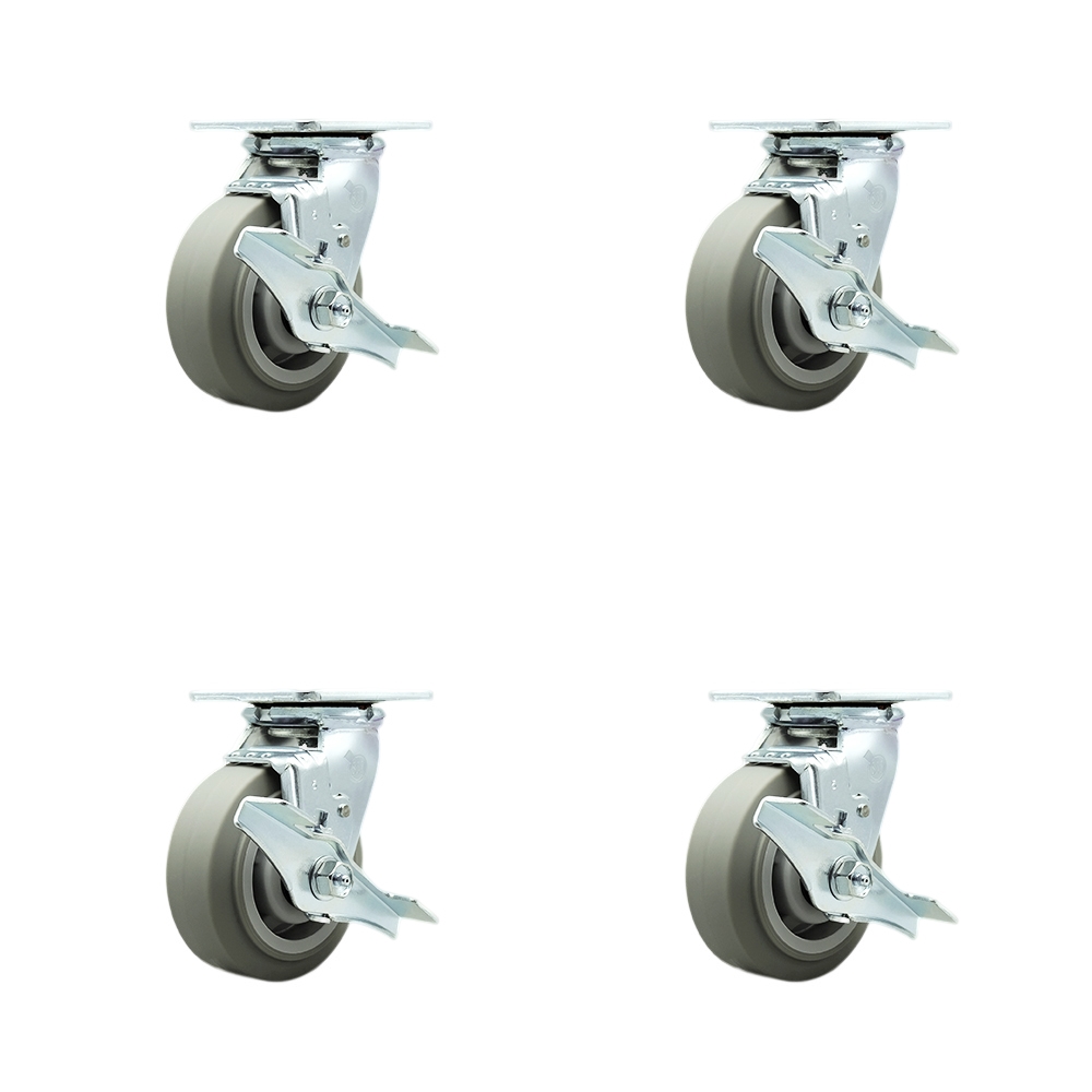 Stainless Steel Thermoplastic Rubber Flat Tread Swivel Top Plate Casters Set Heavy Duty with 5 Inch Wheels-Includes 2 Swivel with Brakes and Swivel Locks and 2 Swivel with Brakes- Service Caster Brand — photo 1